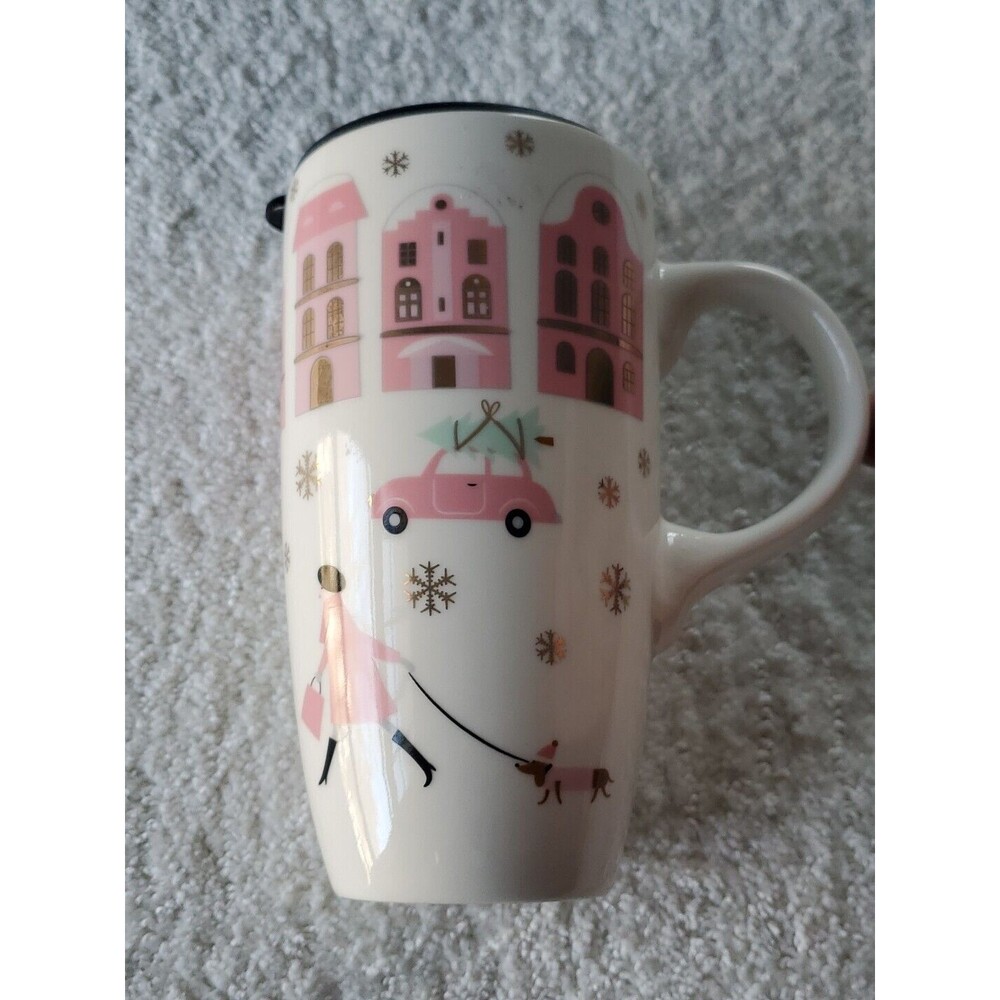 Vintage Peppermint & Pine Christmas Village Ceramic Winter Mug Coffee Cup Pink
